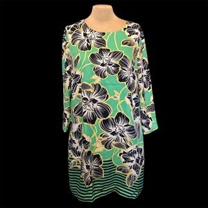 Crown & Ivy Long‎ Sleeve Midi Shift Dress w/Vibrant Green and Navy Floral Print